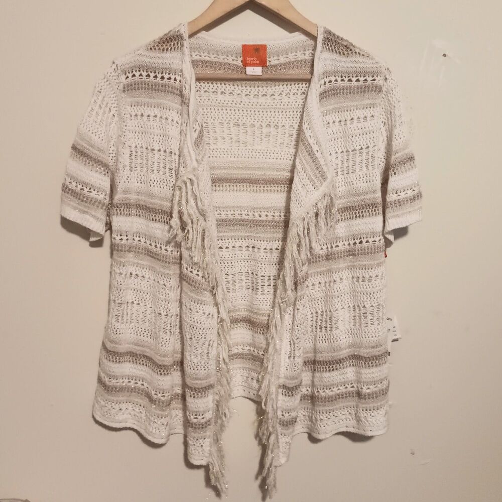 Hearts of Palm Crochet Fringe Cardigan-Large-Metallic-Short Sleeve-Coastal-NEW